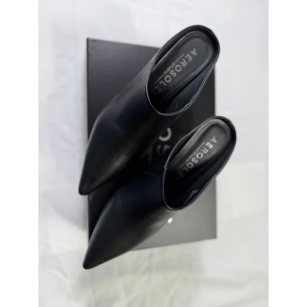 Aerosoles Black Leather Mule Heels Womens 7.5M Pointed Toe Slip On Shoes
